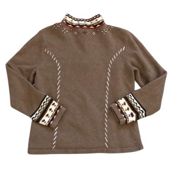 Womens Sweater Sz M Silk Rabbit Hair Wool Christmas Brown Holiday Snowflake Zip - Picture 6 of 8